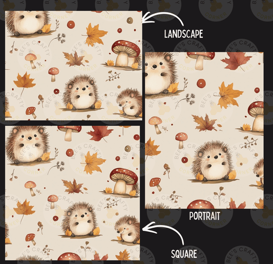 a collage of three pictures featuring a pattern of hedgehogs, mushrooms, and autumn leaves. The first image is a landscape, the second is a portrait, and the third is a square. Each image has a different arrangement of hedgehogs, mushrooms, and leaves, creating a visually appealing and diverse pattern.