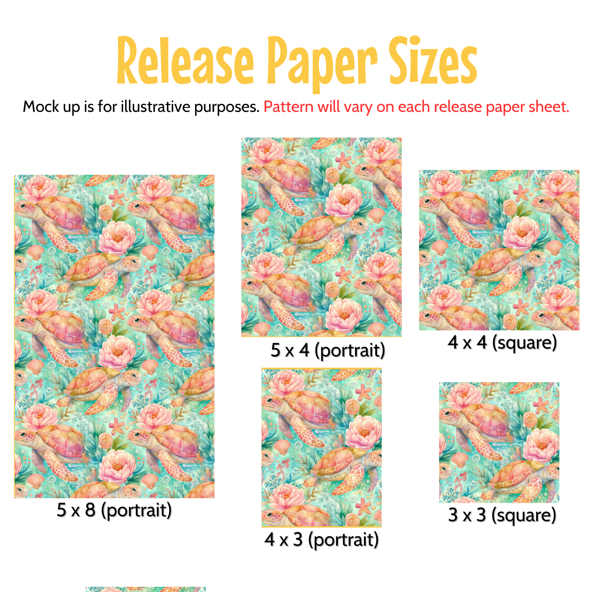 various paper sizes, including portrait and square sizes, along with a pattern of pink and green flowers. The pattern will vary on each release paper sheet, and the mock-up is for illustrative purposes.