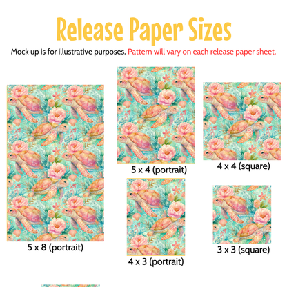 various paper sizes, including portrait and square sizes, along with a pattern of pink and green flowers. The pattern will vary on each release paper sheet, and the mock-up is for illustrative purposes.