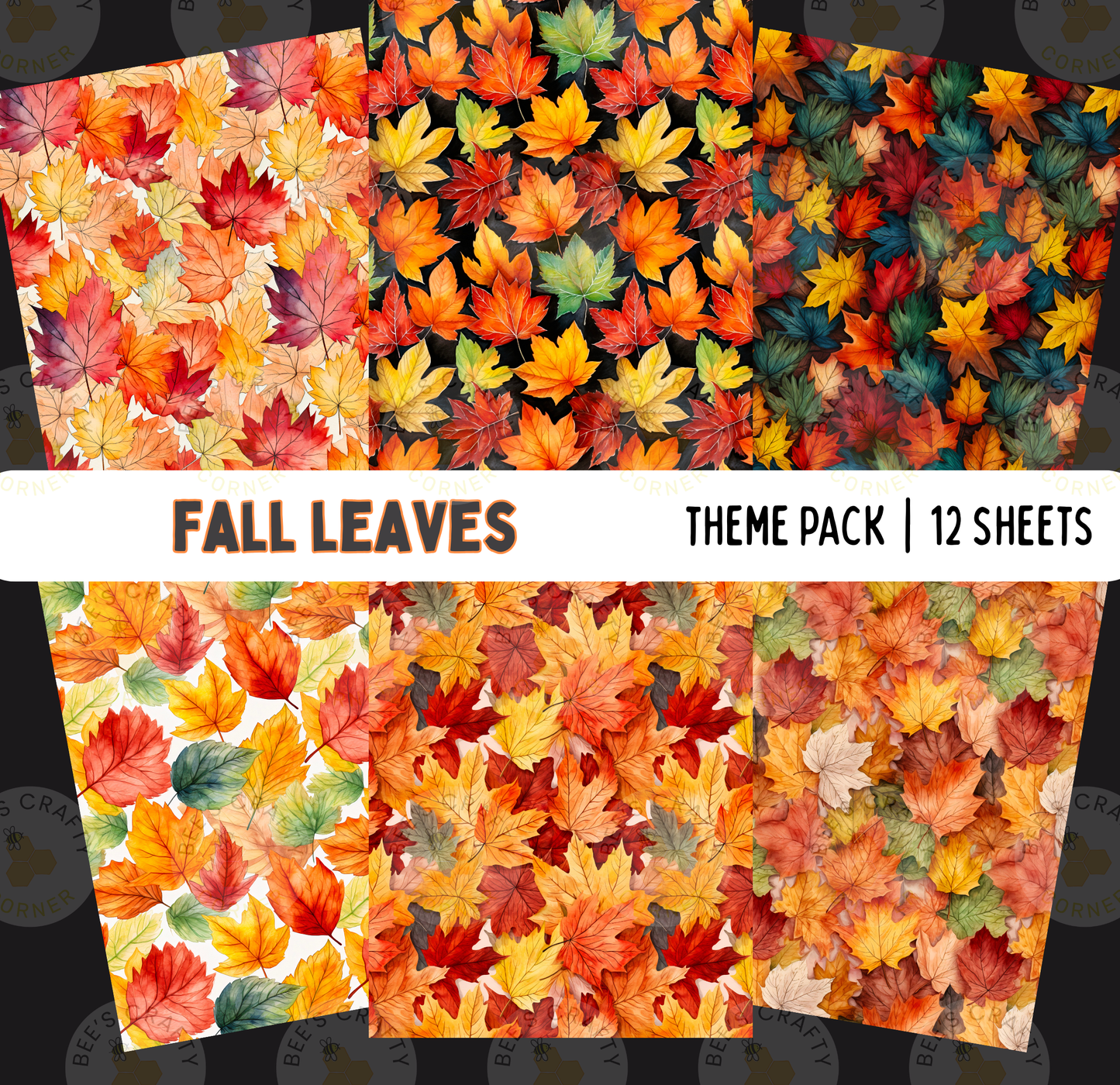 a collection of 12 different fall leaf patterns, each with a unique arrangement of orange, yellow, and green leaves. The patterns are displayed in various orientations and arrangements, showcasing the diversity and beauty of autumn foliage.