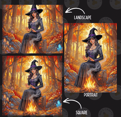 The image is a collage of three images depicting a woman in a witch's hat sitting in a forest setting. The woman is wearing a long black dress and a purple hat. The collage includes a landscape image and a portrait image of the woman.