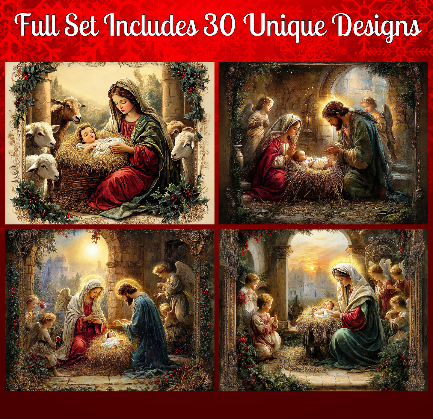 The image is a collage of four distinct scenes from the nativity story, featuring the birth of Jesus Christ.