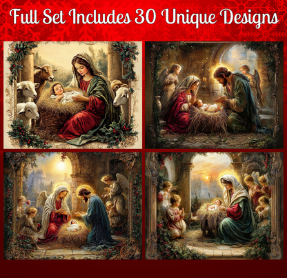 The image is a collage of four distinct scenes from the nativity story, featuring the birth of Jesus Christ.