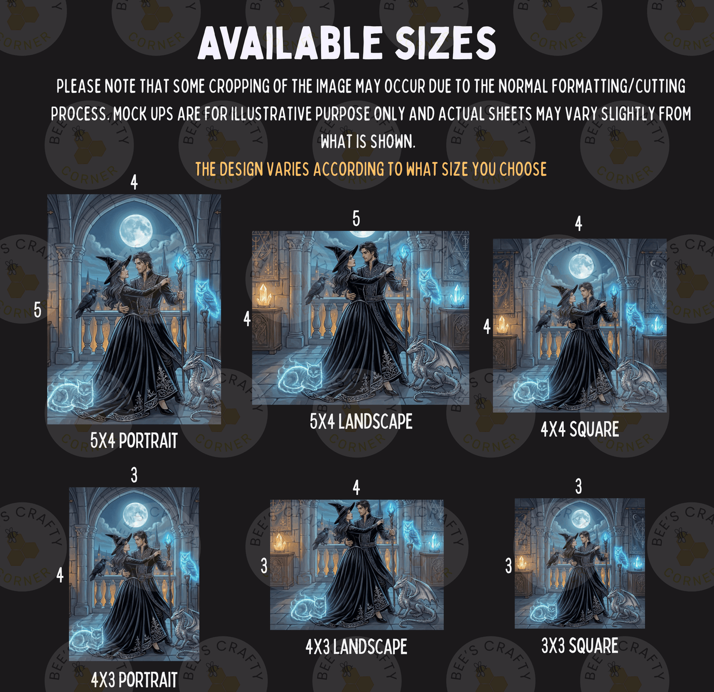 six different sizes of the same illustration, depicting a woman in a dark dress with a large moon in the background. The sizes range from 3x3 to 4x4, and the image is a collage of multiple smaller images. The sizes vary from 3x3 to 4x4, and the illustration is a portrait of a woman. The image is not a full-sized photograph, but rather a smaller version that can be used for different purposes, such as a mock-up or a design template.
