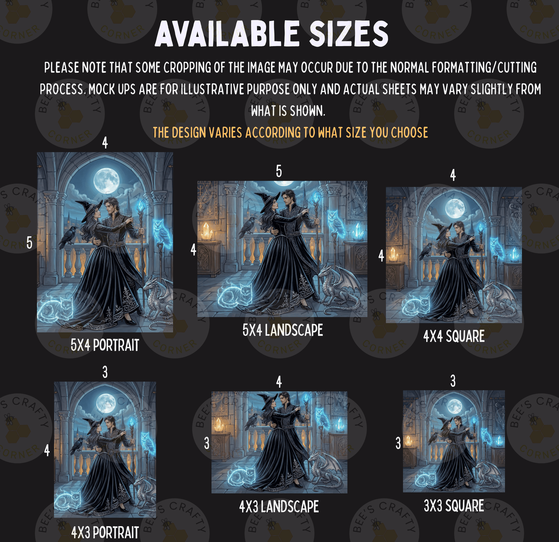 six different sizes of the same illustration, depicting a woman in a dark dress with a large moon in the background. The sizes range from 3x3 to 4x4, and the image is a collage of multiple smaller images. The sizes vary from 3x3 to 4x4, and the illustration is a portrait of a woman. The image is not a full-sized photograph, but rather a smaller version that can be used for different purposes, such as a mock-up or a design template.
