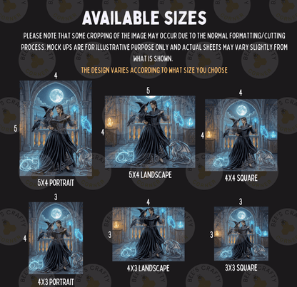 six different sizes of the same illustration, depicting a woman in a dark dress with a large moon in the background. The sizes range from 3x3 to 4x4, and the image is a collage of multiple smaller images. The sizes vary from 3x3 to 4x4, and the illustration is a portrait of a woman. The image is not a full-sized photograph, but rather a smaller version that can be used for different purposes, such as a mock-up or a design template.