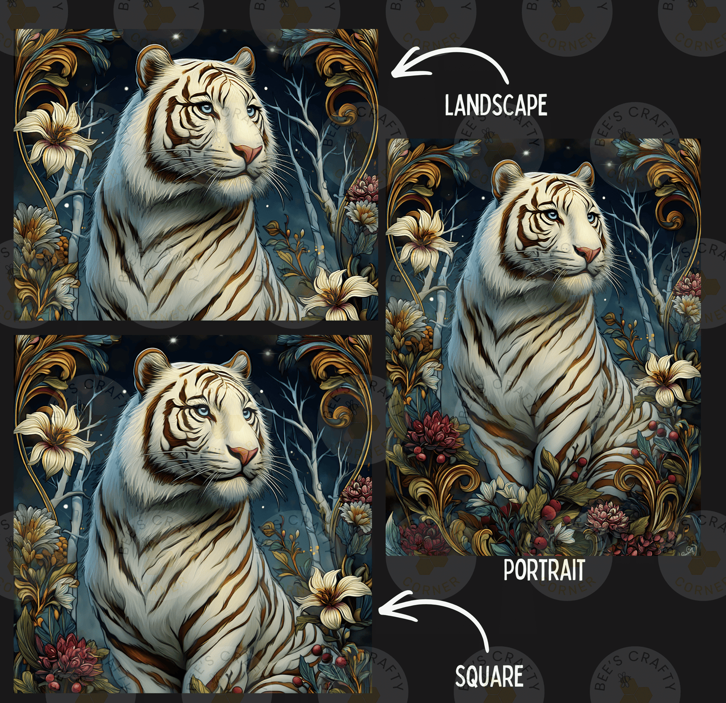 The image is a collage of three images depicting a white tiger surrounded by a floral and ornamental background. The first image shows the tiger in a landscape setting, the second image is a portrait of the tiger, and the third image is a square of the same tiger in a square format.
