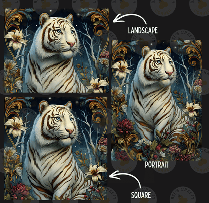 The image is a collage of three images depicting a white tiger surrounded by a floral and ornamental background. The first image shows the tiger in a landscape setting, the second image is a portrait of the tiger, and the third image is a square of the same tiger in a square format.