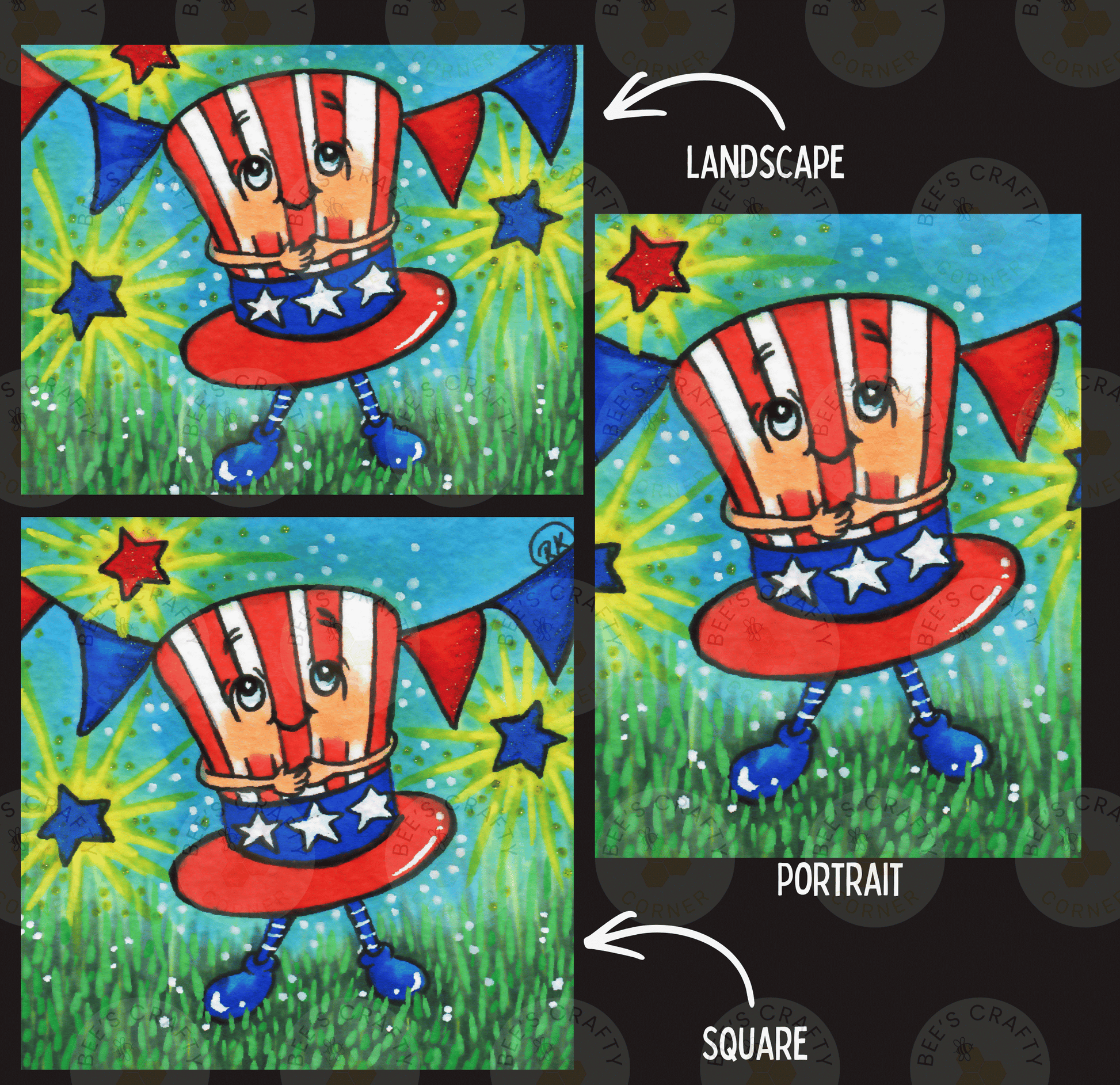 The image is a collage of three pictures, each depicting a cartoon character wearing a hat with stars and stripes, set against a background of grass and stars. The first image is a landscape, the second is a portrait, and the third is a square.