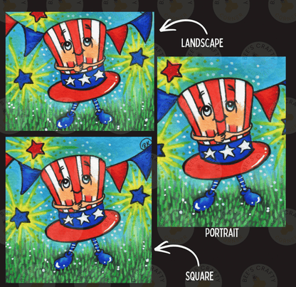 The image is a collage of three pictures, each depicting a cartoon character wearing a hat with stars and stripes, set against a background of grass and stars. The first image is a landscape, the second is a portrait, and the third is a square.
