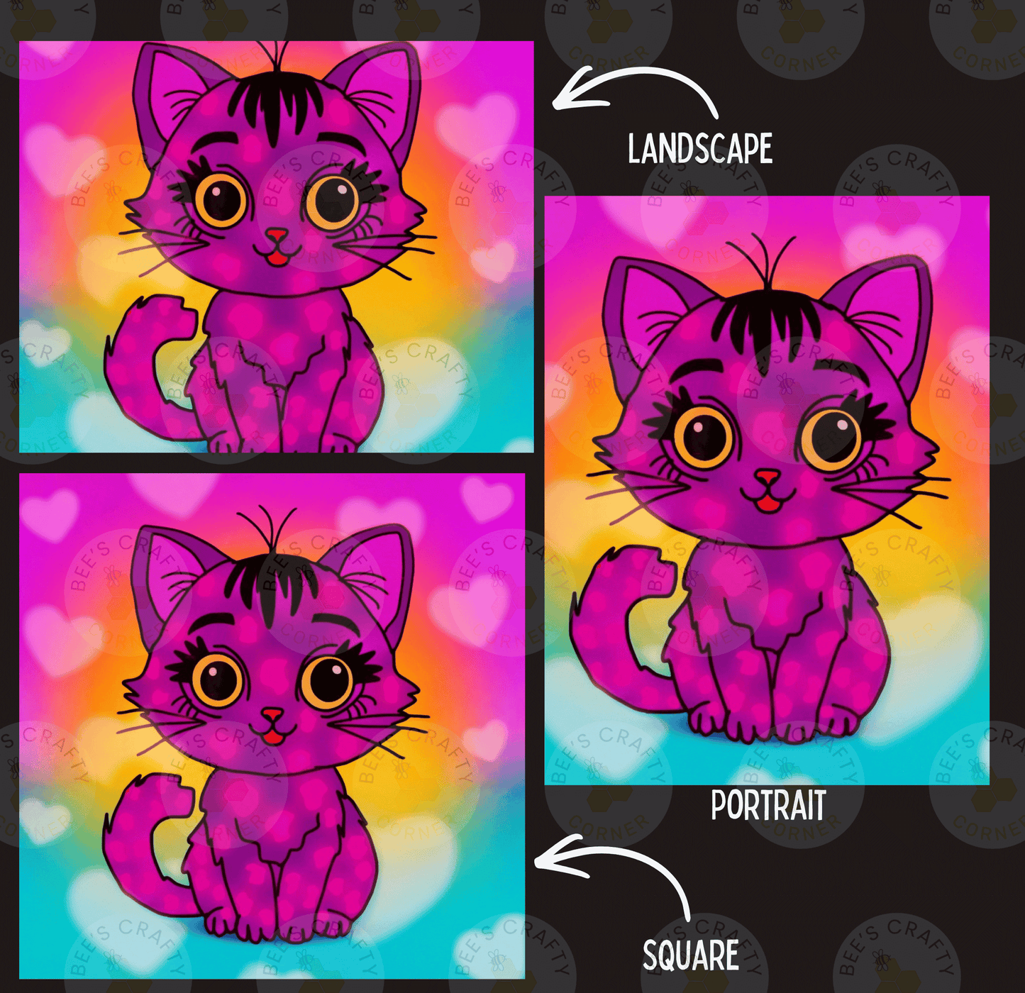 The image is a collage of three pictures featuring a pink cat with large eyes and a bow, set against a colorful background.