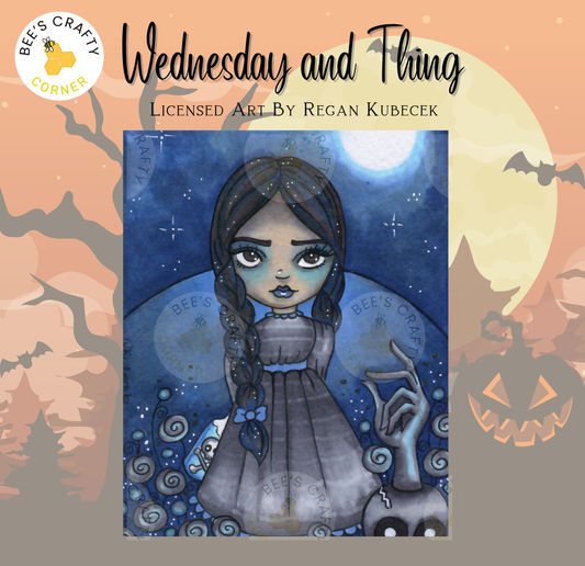 The image is a Halloween-themed illustration featuring a young girl with dark hair and a blue dress, surrounded by bats, pumpkins, and a full moon.