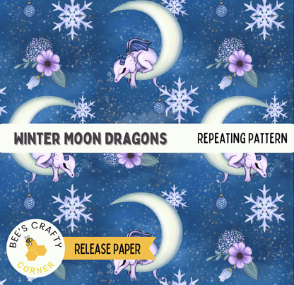The image is a repeating pattern of winter moon dragons and snowflakes against a dark blue background.