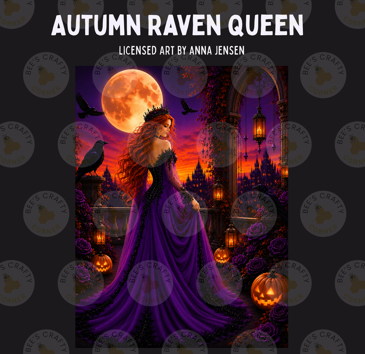 The image is a digital illustration featuring a woman in a purple dress standing in a dark, spooky setting with a full moon, jack-o-lanterns, and bats flying around.