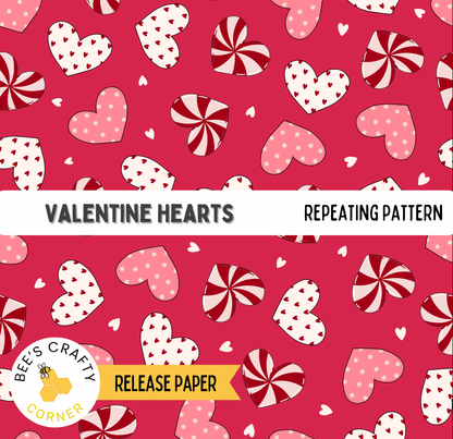 The image is a repeating pattern of pink and white hearts against a red background.