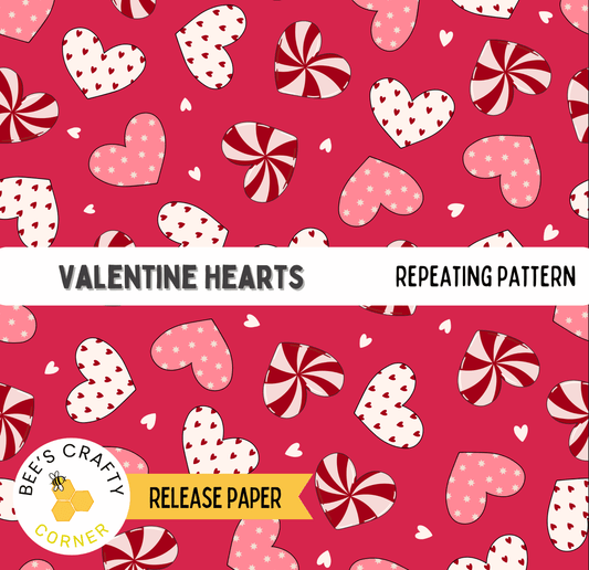 The image is a repeating pattern of pink and white hearts against a red background.