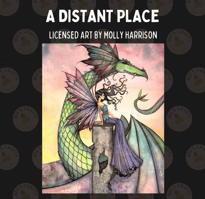 The image is a watercolor painting depicting a fairy-like character with wings and a dragon-like creature, set against a colorful background.