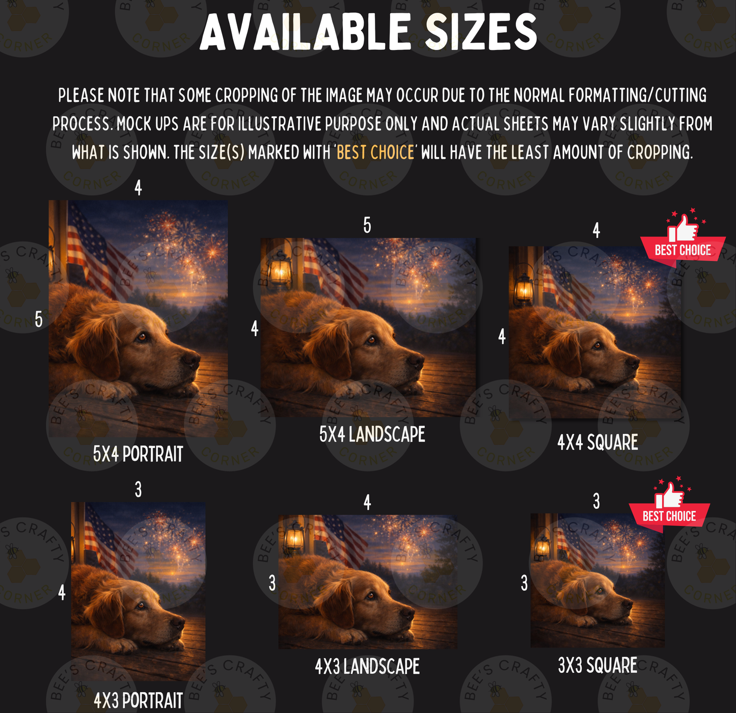 The image is a collage of six images featuring a dog in various sizes and settings, including a 5x4 landscape, 5x3 landscape, and 5x4 portrait. The images are marked with "BEST CHOICE" and "LESS THAN 500 CHARACTERS" to indicate that the text describing the images is not included in the available sizes.