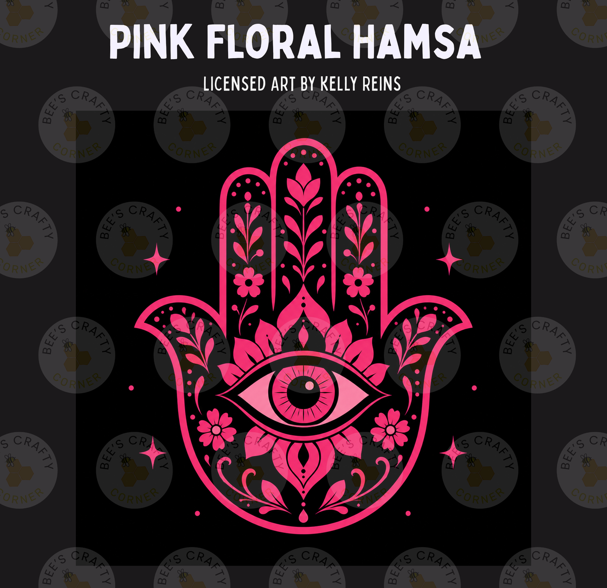 The image is a vibrant and intricate illustration of a hand adorned with a floral design, featuring a large eye and delicate pink flowers.