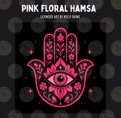 The image is a vibrant and intricate illustration of a hand adorned with a floral design, featuring a large eye and delicate pink flowers.