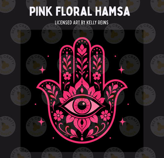 The image is a vibrant and intricate illustration of a hand adorned with a floral design, featuring a large eye and delicate pink flowers.