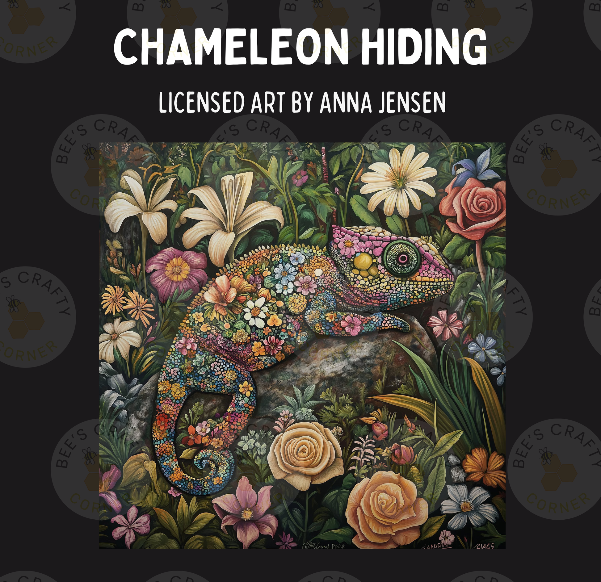 The image is a vibrant and colorful painting depicting a chameleon surrounded by a lush, floral landscape.