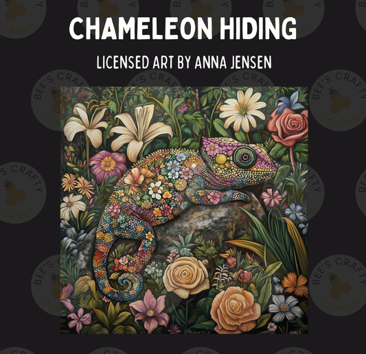 The image is a vibrant and colorful painting depicting a chameleon surrounded by a lush, floral landscape.