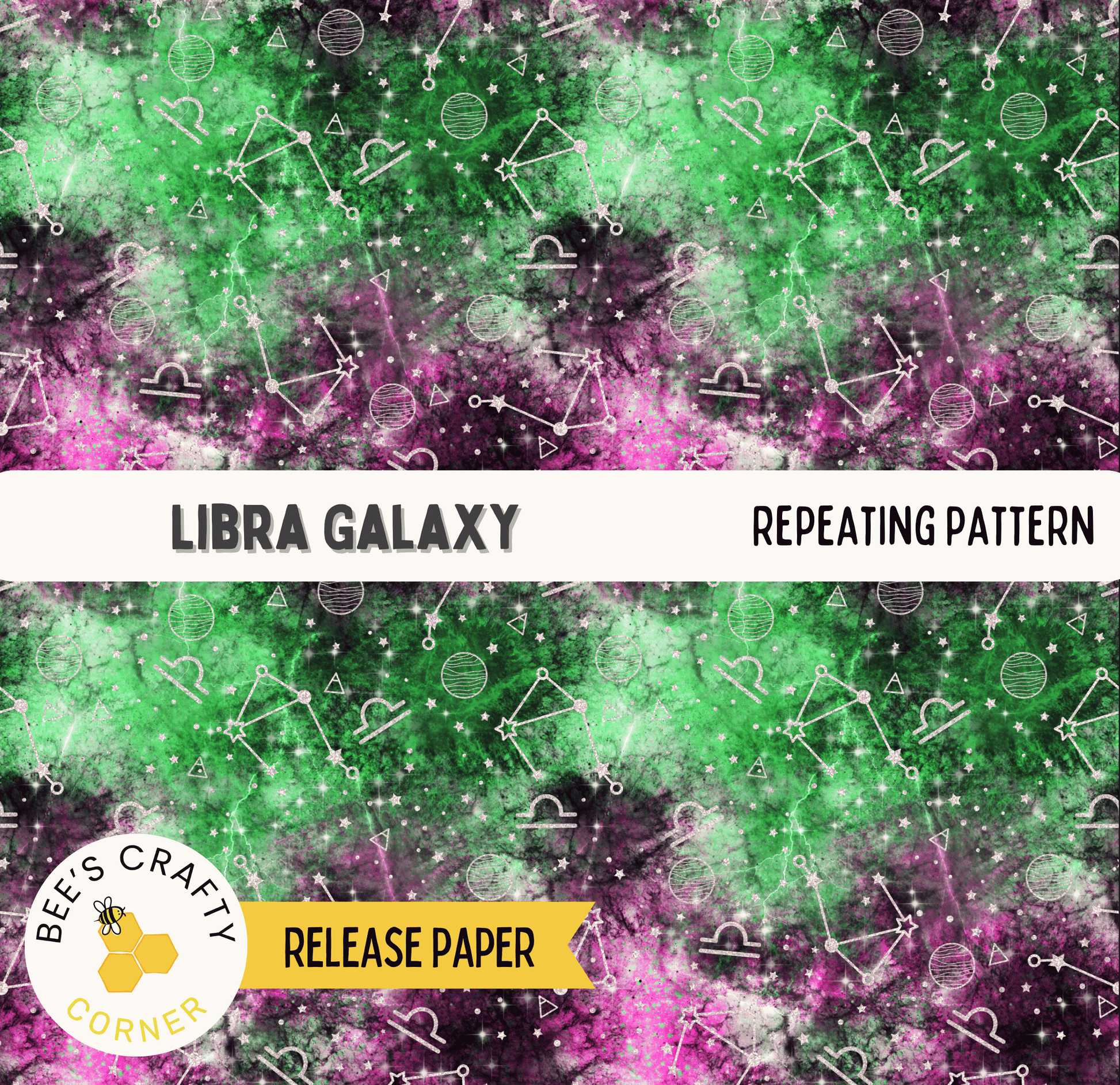 The image is a repeating pattern of the Libra Galaxy, a zodiac sign, with various astrological symbols and celestial elements. The pattern is set against a background of green and purple hues, creating a visually striking and cosmic-inspired design.