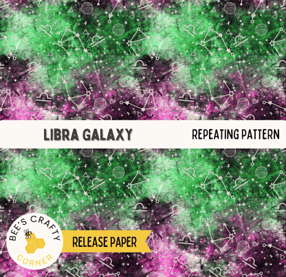 The image is a repeating pattern of the Libra Galaxy, a zodiac sign, with various astrological symbols and celestial elements. The pattern is set against a background of green and purple hues, creating a visually striking and cosmic-inspired design.