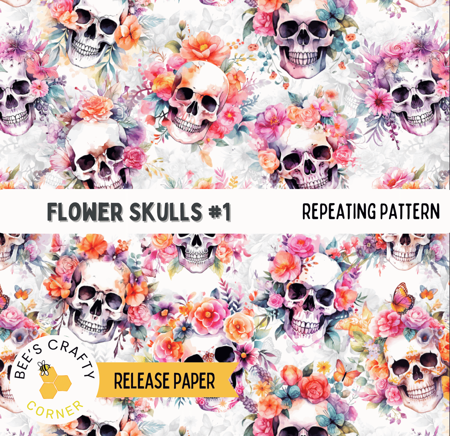 The image is a repeating pattern of floral skull designs, featuring various flowers and leaves.
