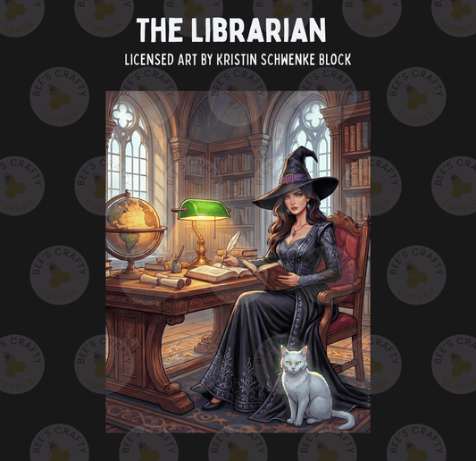 a woman dressed as a witch, sitting at a desk with a globe and a book, accompanied by a white cat.