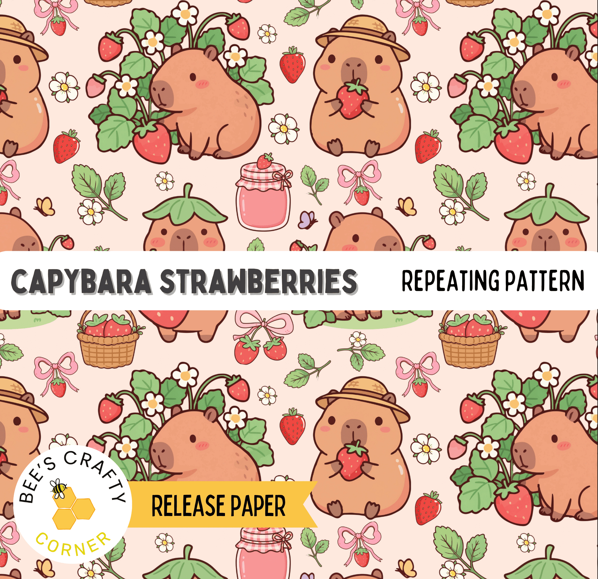 The image is a repeating pattern of cartoon-style illustrations of Capybara, a type of rodent, with various elements such as strawberries, flowers, and hats.
