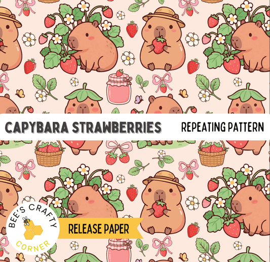 The image is a repeating pattern of cartoon-style illustrations of Capybara, a type of rodent, with various elements such as strawberries, flowers, and hats.