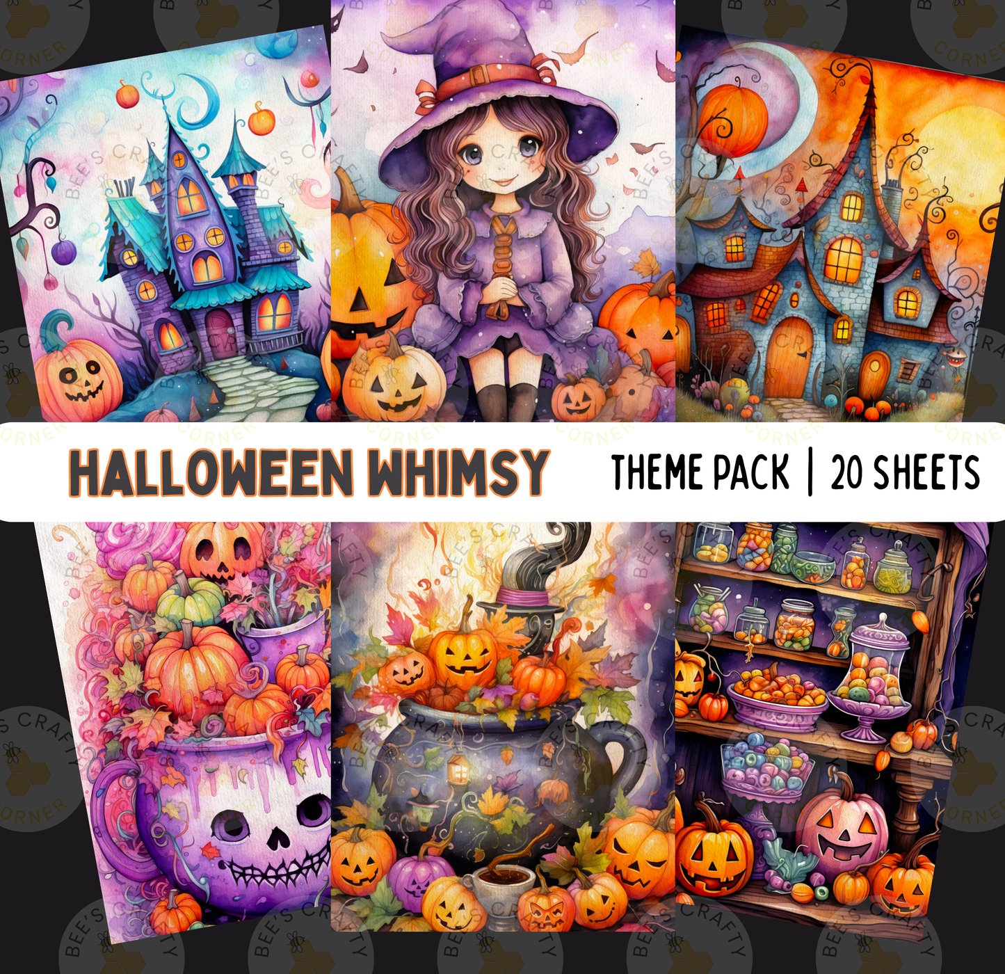 The image is a theme pack of Halloween whimsies, featuring various Halloween-themed illustrations and decorations. The pack includes 20 sheets of Halloween-themed artwork, showcasing a variety of spooky, festive, and whimsical elements such as jack-o-lanterns, pumpkins, houses, and other Halloween-related imagery.