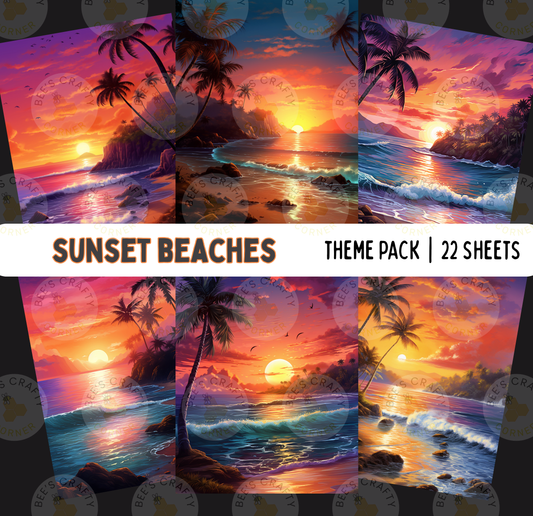 The image is a collage of six pictures depicting a sunset beach scene, with each picture showcasing a different aspect of the beach and sunset.