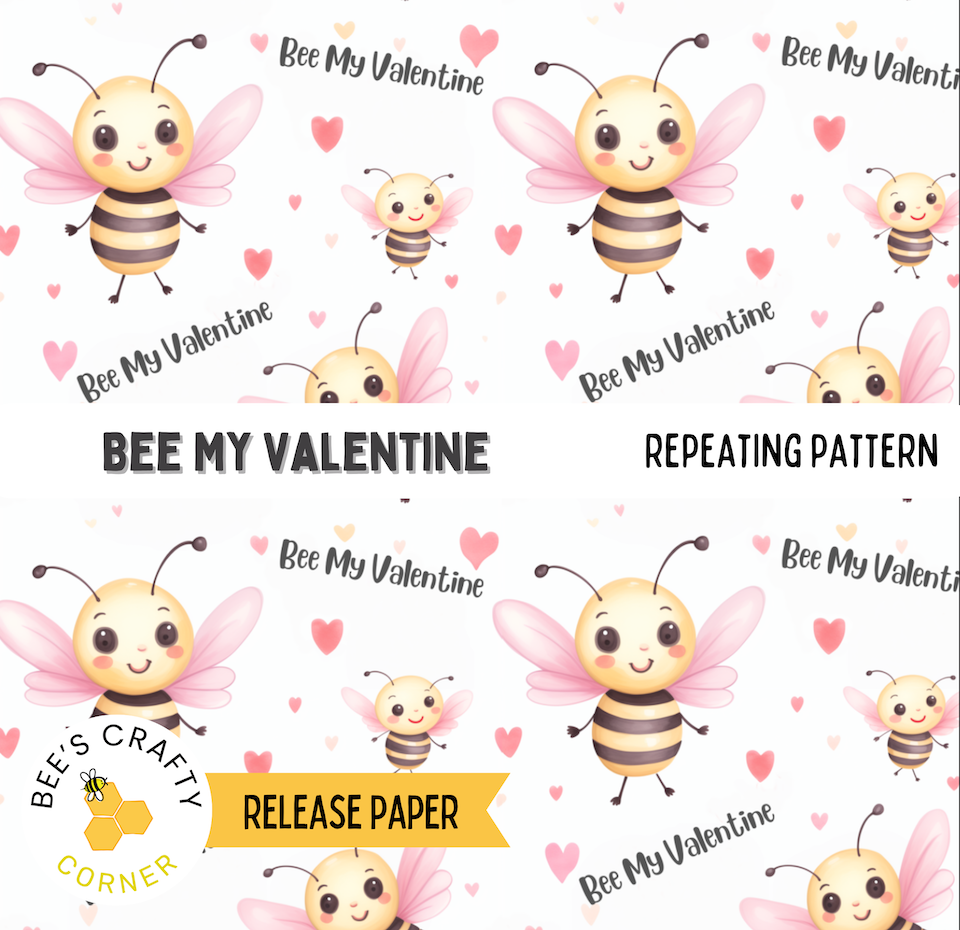 a repeating pattern of cartoon-style bees with the text "Bee My Valentine" written around them. The pattern is designed to be a Valentine's Day-themed design, with the bees appearing to be in a cheerful and loving mood.