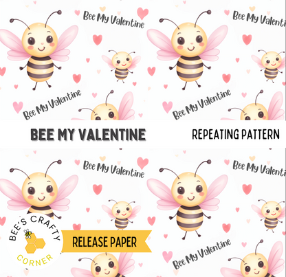 a repeating pattern of cartoon-style bees with the text "Bee My Valentine" written around them. The pattern is designed to be a Valentine's Day-themed design, with the bees appearing to be in a cheerful and loving mood.