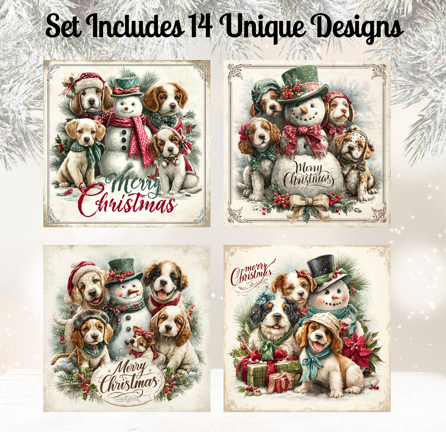 a set of four Christmas-themed illustrations featuring dogs dressed in holiday attire, including Santa hats, scarves, and presents.