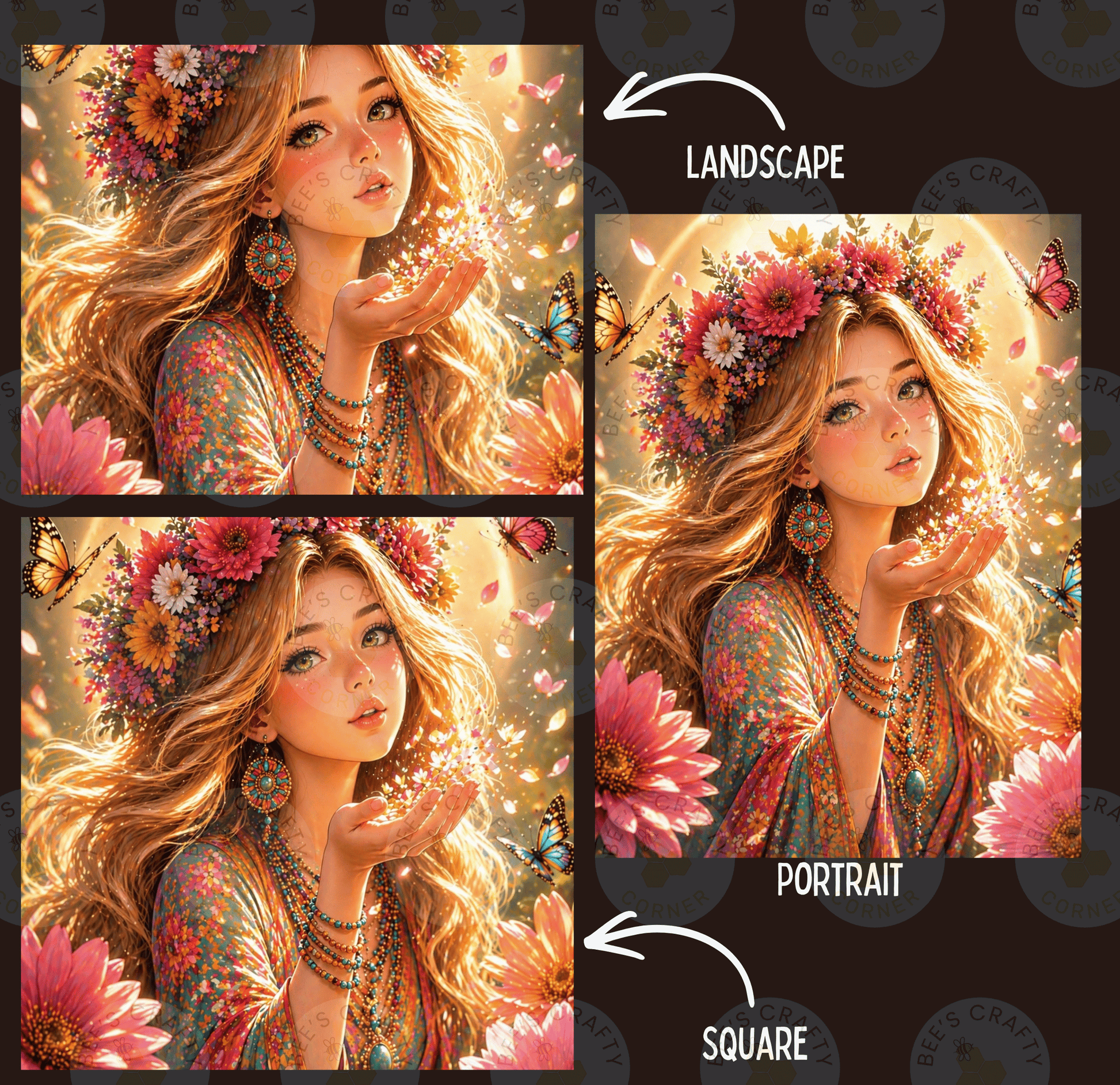 The image is a collage of three pictures depicting a woman with long, flowing hair and a flower crown. The first picture shows the woman blowing a kiss, the second picture is a landscape with flowers, and the third picture is a portrait of the woman.
