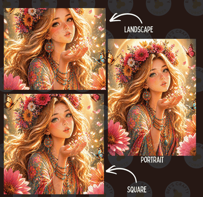 The image is a collage of three pictures depicting a woman with long, flowing hair and a flower crown. The first picture shows the woman blowing a kiss, the second picture is a landscape with flowers, and the third picture is a portrait of the woman.