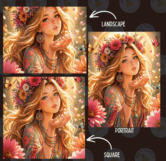 The image is a collage of three pictures depicting a woman with long, flowing hair and a flower crown. The first picture shows the woman blowing a kiss, the second picture is a landscape with flowers, and the third picture is a portrait of the woman.