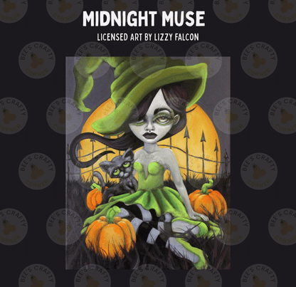 The image is a painting depicting a witch wearing a green hat and dress, sitting on a pumpkin and holding a cat, with a full moon and spooky background.