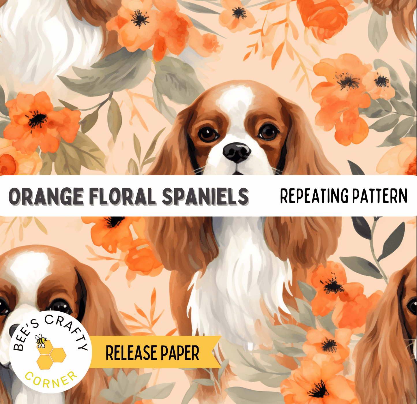 The image is a repeating pattern of orange floral spaniels against a peach background.