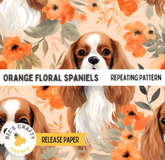 The image is a repeating pattern of orange floral spaniels against a peach background.