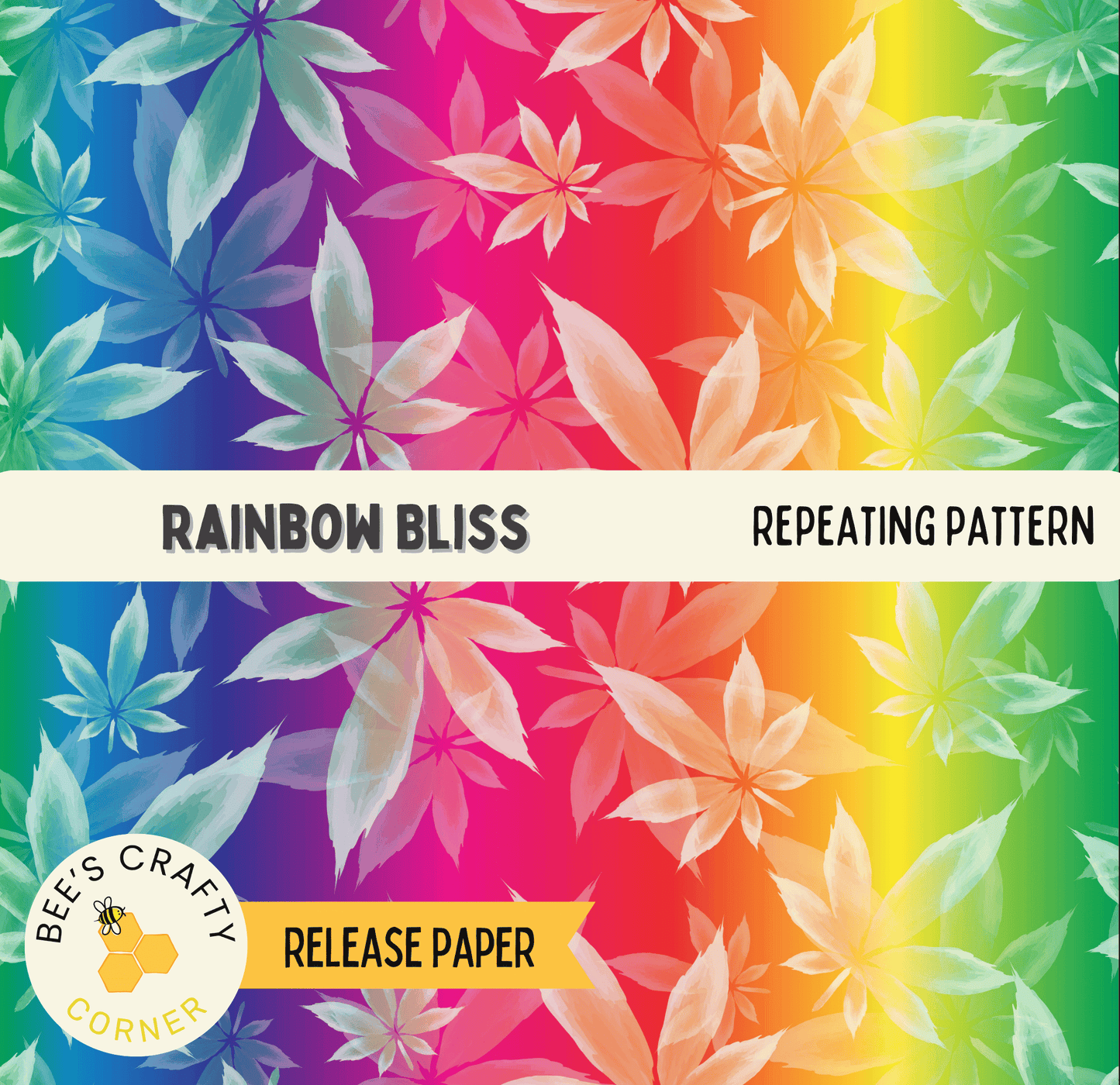 The image is a vibrant and colorful pattern featuring a repeating pattern of leaves in various shades of green, yellow, orange, and pink. The pattern is reminiscent of a rainbow, with the leaves arranged in a way that creates a sense of depth and dimension. The image is described as a "release paper" and is part of a collection of images, suggesting that it is a sample or preview from a larger series of images.