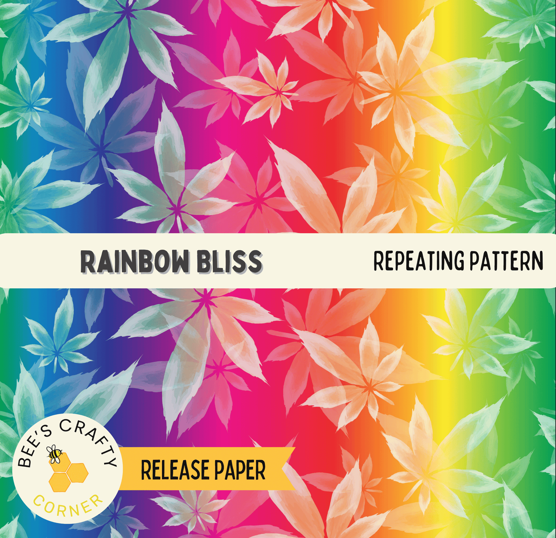 The image is a vibrant and colorful pattern featuring a repeating pattern of leaves in various shades of green, yellow, orange, and pink. The pattern is reminiscent of a rainbow, with the leaves arranged in a way that creates a sense of depth and dimension. The image is described as a "release paper" and is part of a collection of images, suggesting that it is a sample or preview from a larger series of images.