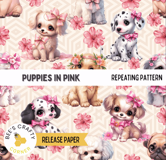 The image is a repeating pattern of various cute puppies wearing pink bows and flowers.
