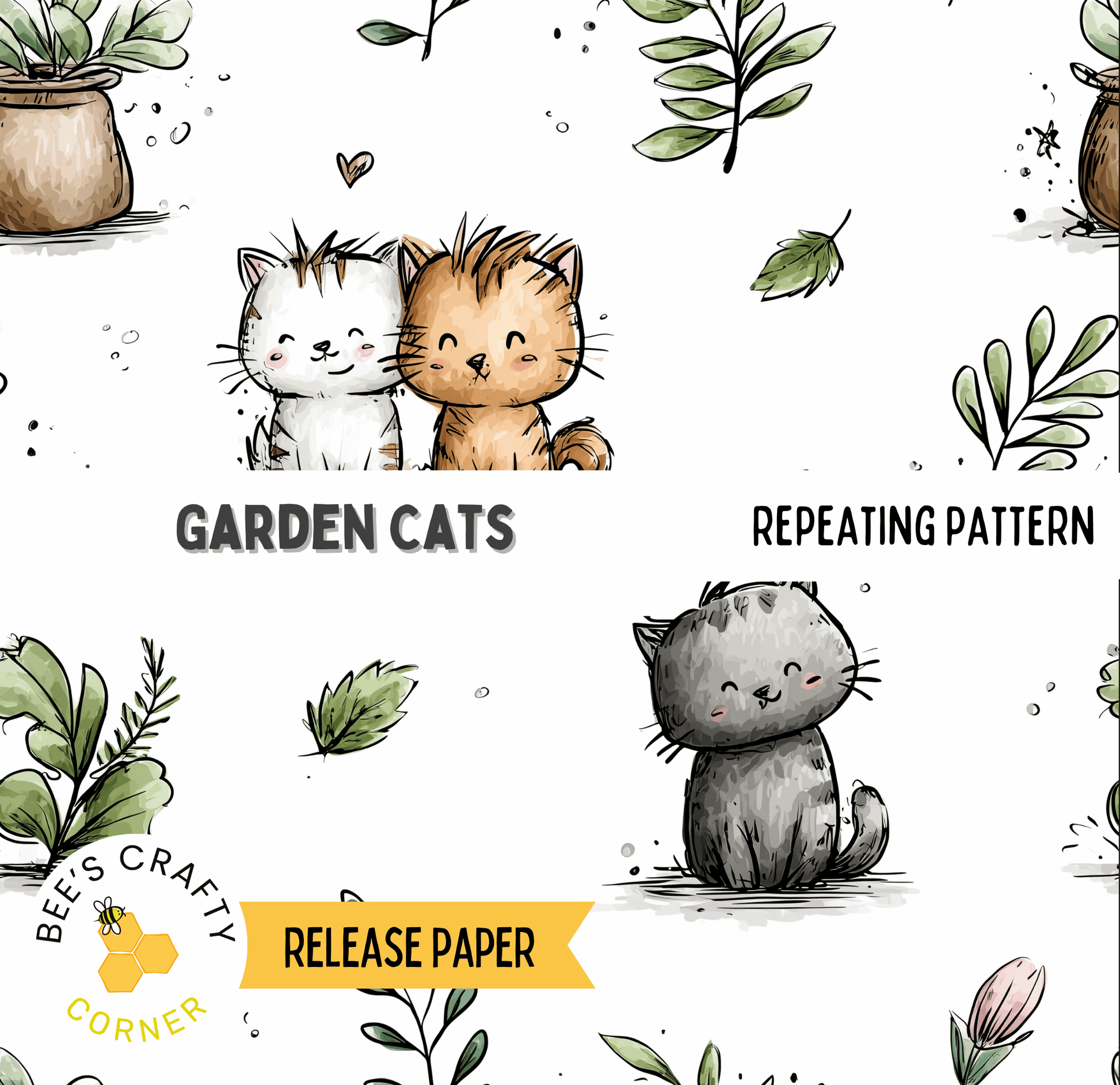 The image is a repeating pattern of cartoon cats and plants, with the text "Garden Cats" and "Repeating Pattern" visible.