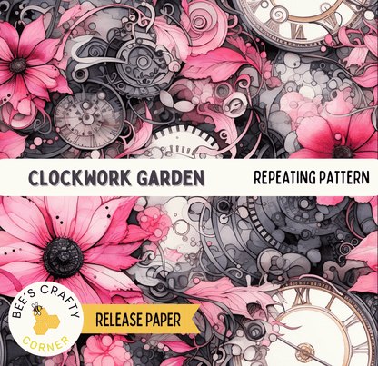 The image is a release paper for a clockwork garden pattern, featuring a repeating pattern of pink flowers, clocks, and gears.