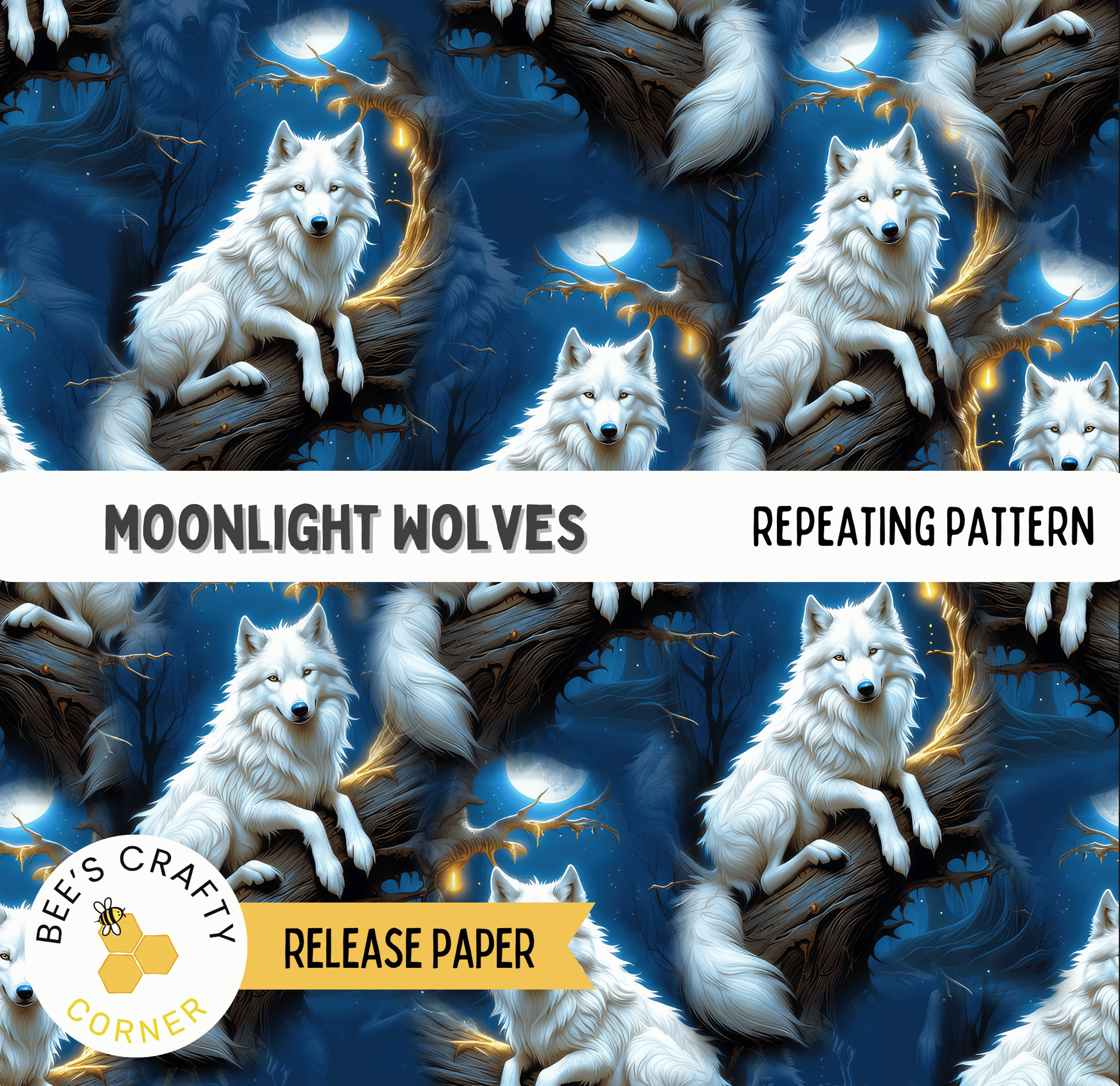 The image is a repeating pattern of white wolves sitting on tree branches against a dark blue background, with a full moon visible in the top left corner.